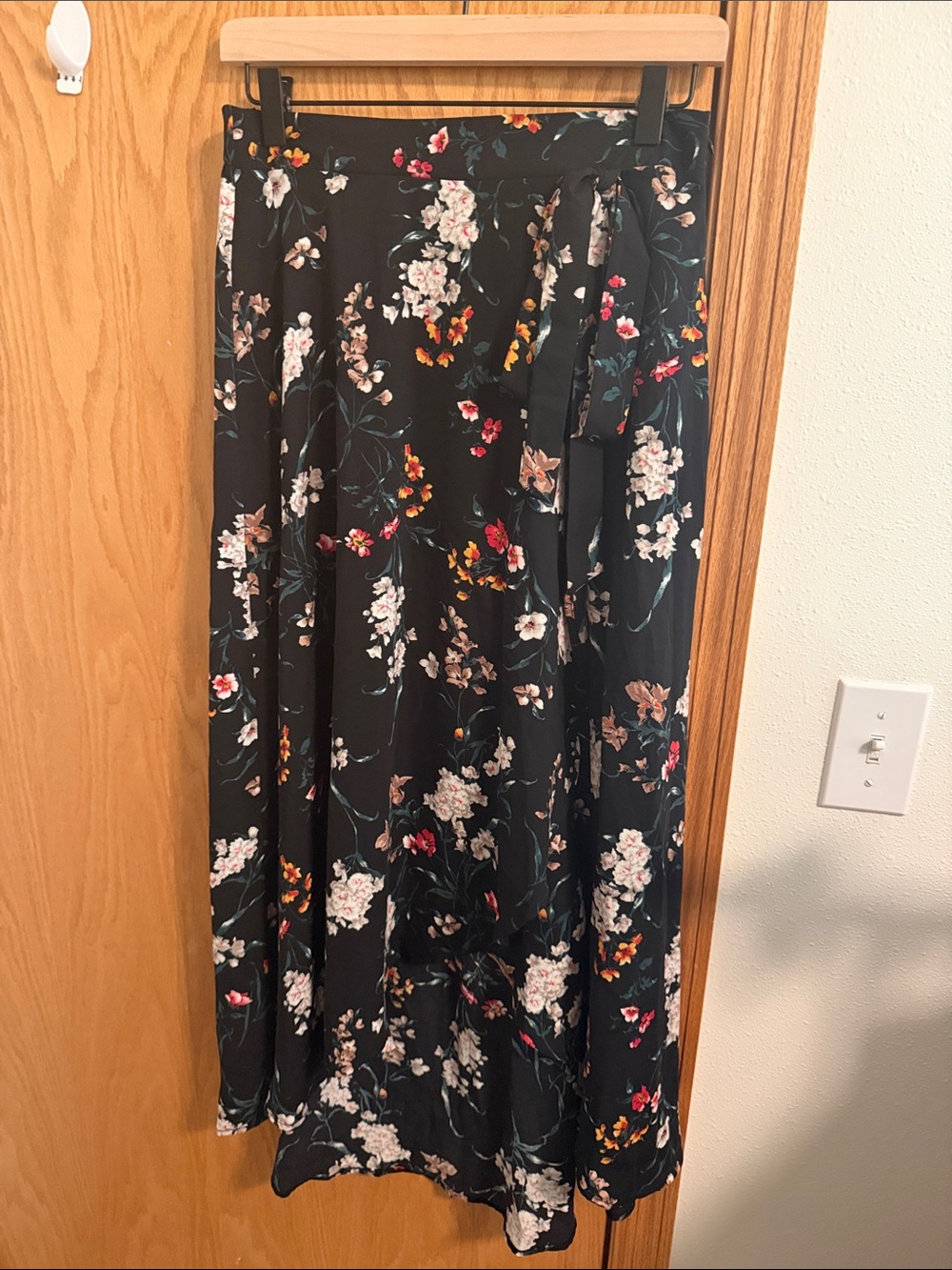 Black Floral High-Low Wrap Skirt with Tie Waist